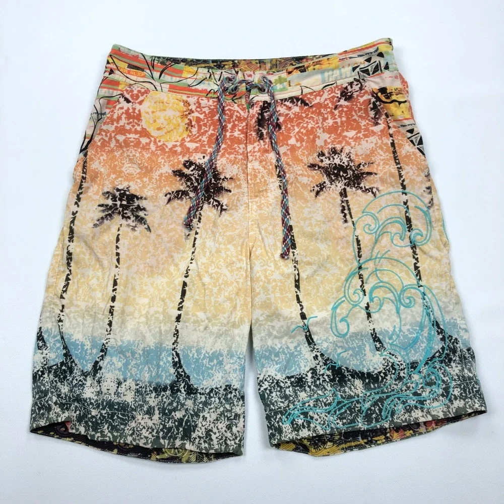 Robert Graham Mens 34 Swim Trunks Board Shorts Tropical Palm Tree Chain Stitch